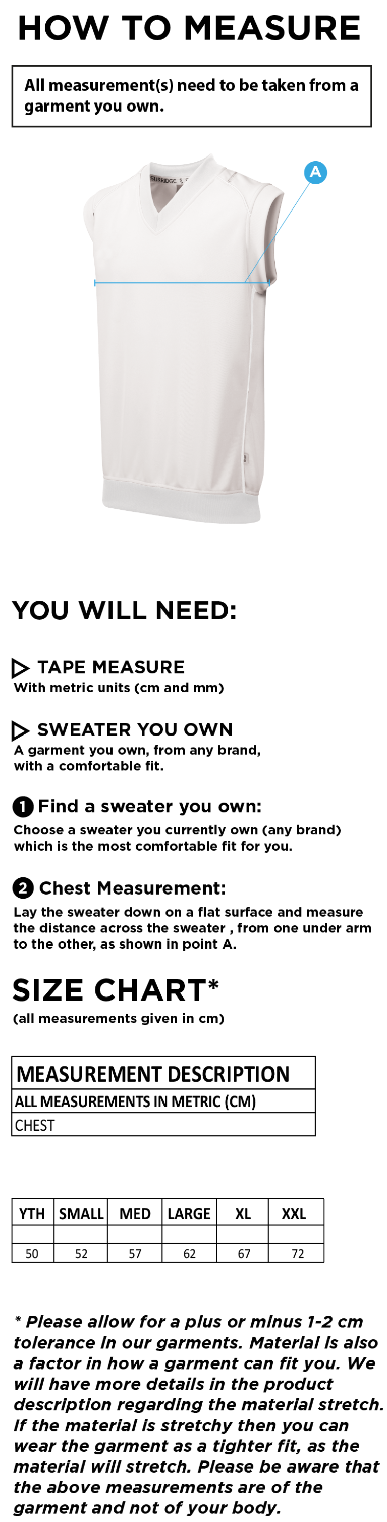 Coniston CC - Sleeveless Sweater - Size Guide