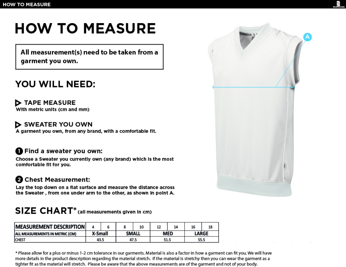 CONISTON CC Blast Sleeveless Women's Cricket Sweater - Size Guide