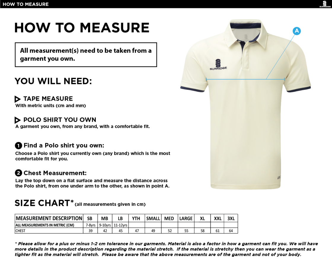 Coniston CC - Tek S/S Playing Shirt - Size Guide