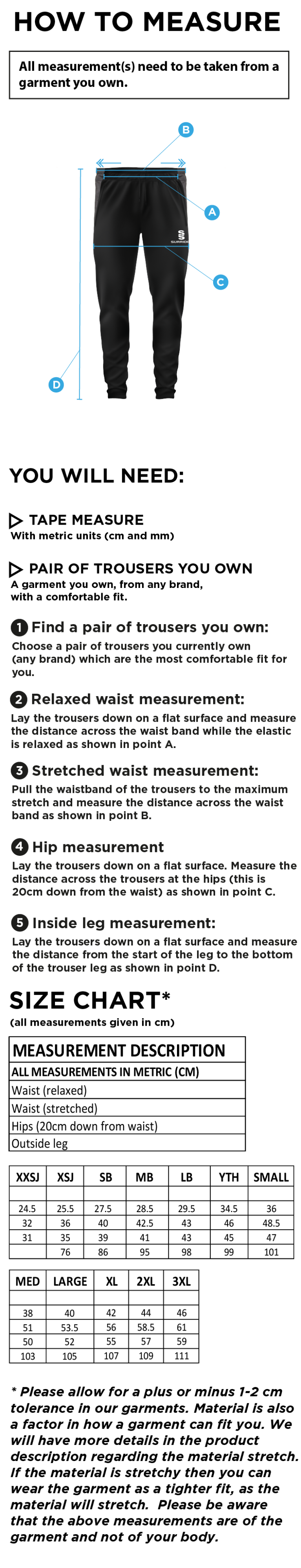 Coniston CC - Tek Skinny Pant - Size Guide