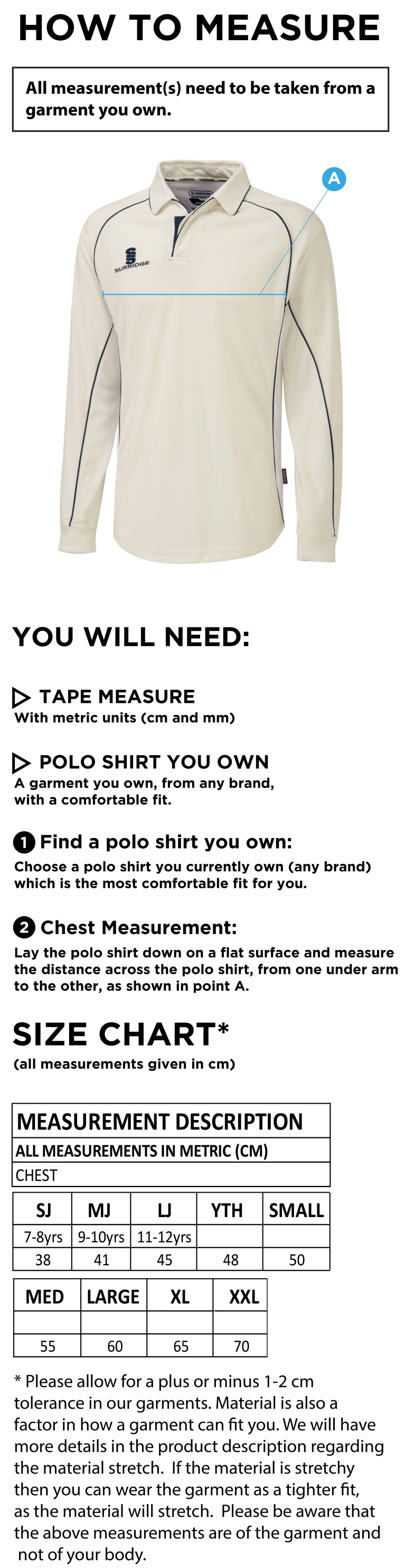 Coniston CC - Premier Long Sleeve Shirt - Size Guide