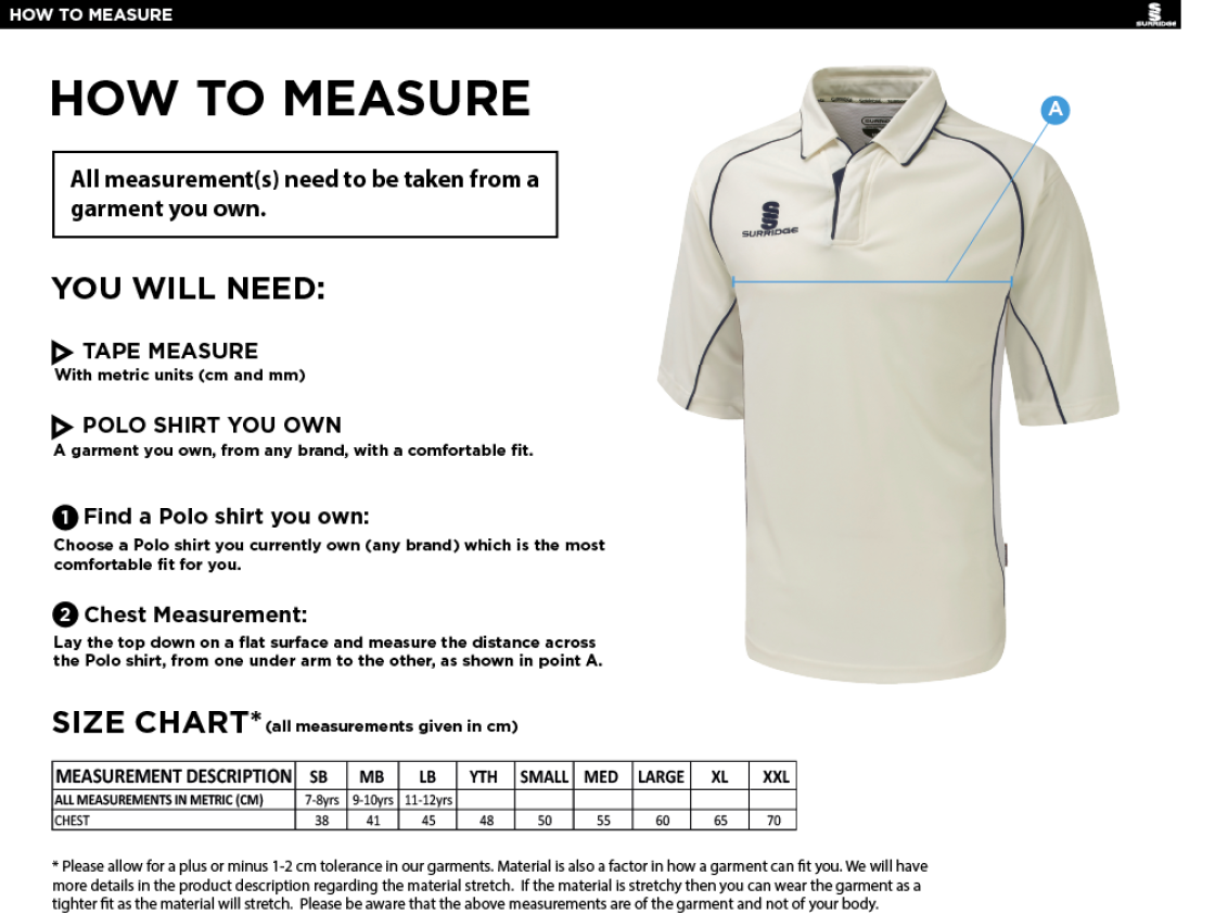 Coniston CC - 3/4 Premier Shirt - Size Guide