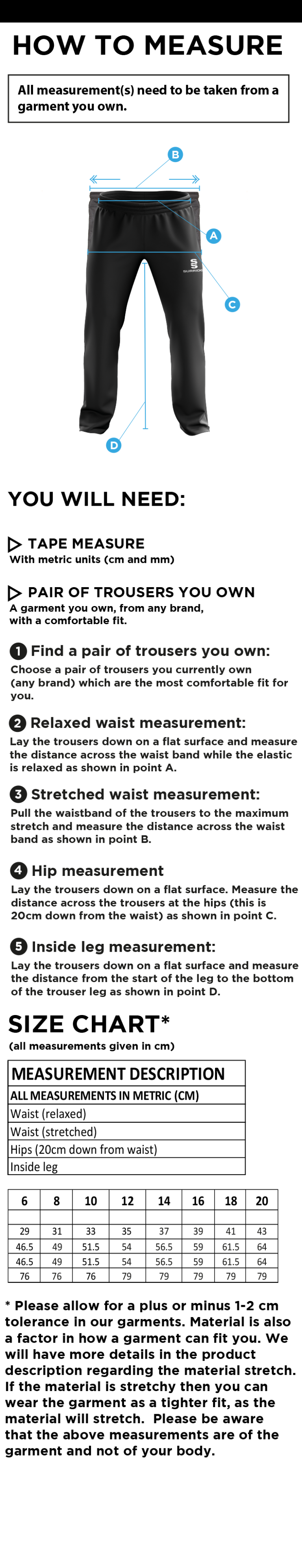 Coniston CC - Women's Ripstop Tracksuit Pants - Size Guide