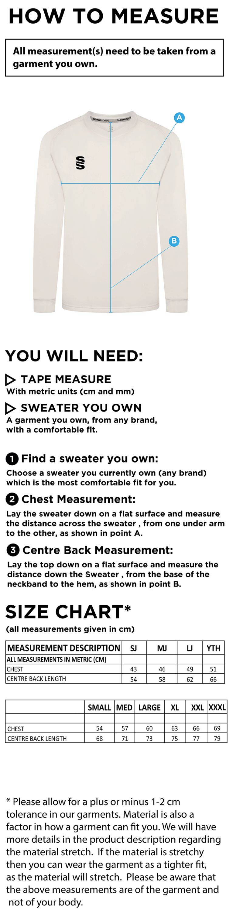 CONISTON CC Blast Long Sleeve Cricket Sweater - Size Guide