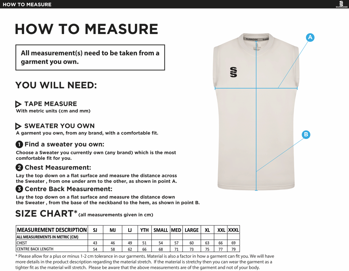 CONISTON CC Blast Sleeveless Cricket Sweater - Size Guide
