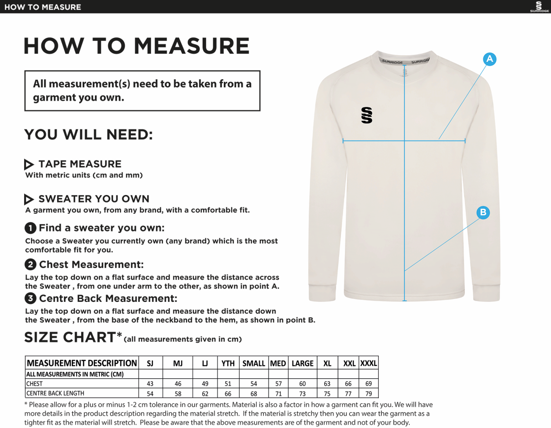 CONISTON CC Blast Long Sleeve Cricket Sweater - Size Guide