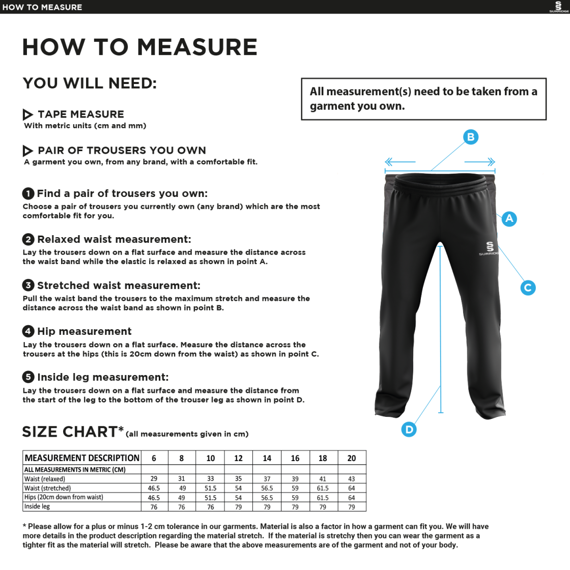 Coniston CC - Women's Ripstop Tracksuit Pants - Size Guide