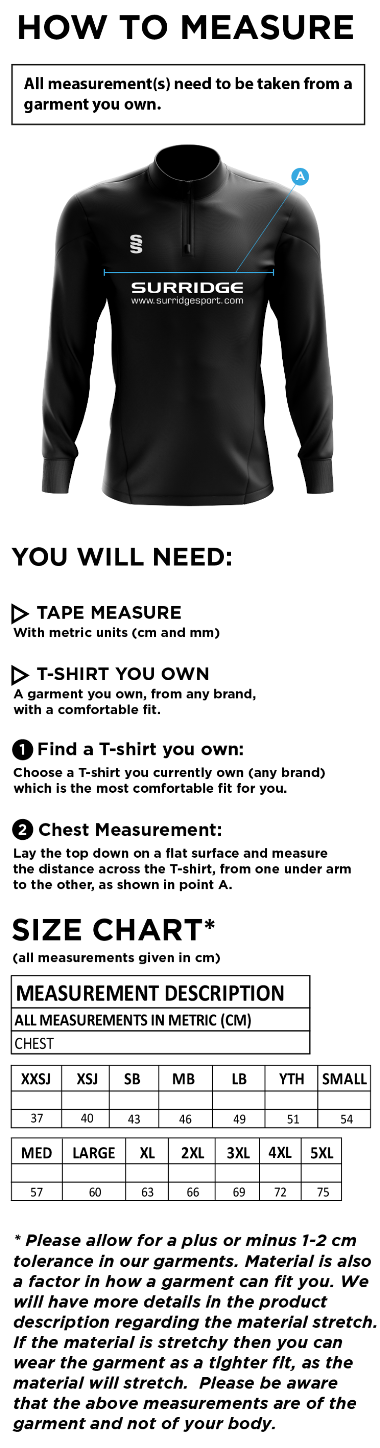 Coniston CC - Blade Performance Top - Size Guide