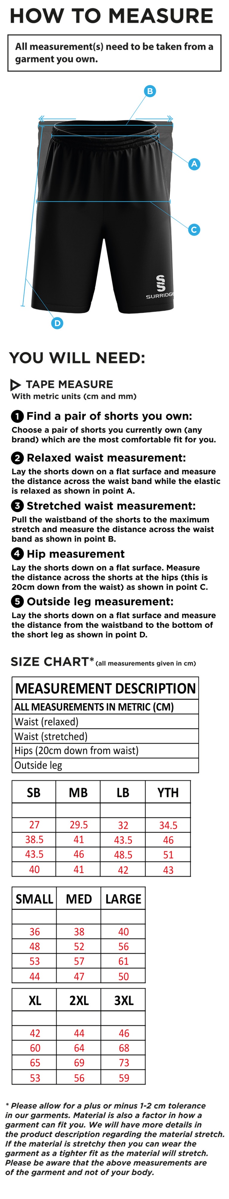 Coniston CC - Ripstop Training Short - Size Guide