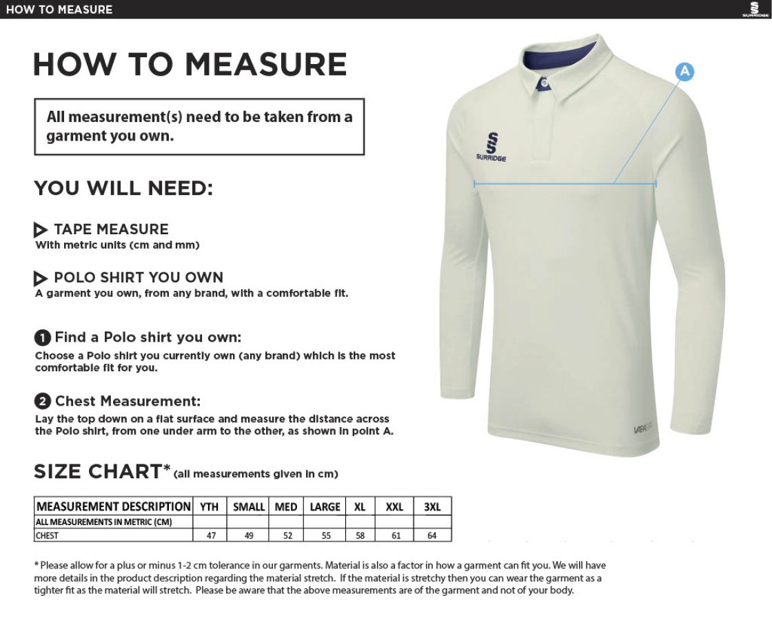 Coniston CC - Tek L/S Playing Shirt - Size Guide