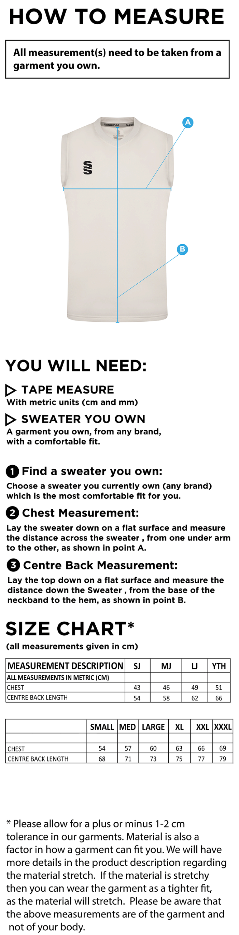 CONISTON CC Blast Sleeveless Cricket Sweater - Size Guide