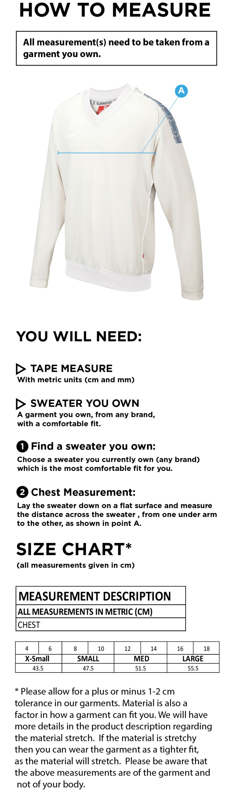 CONISTON CC Blast Long Sleeve Women's Cricket Sweater - Size Guide