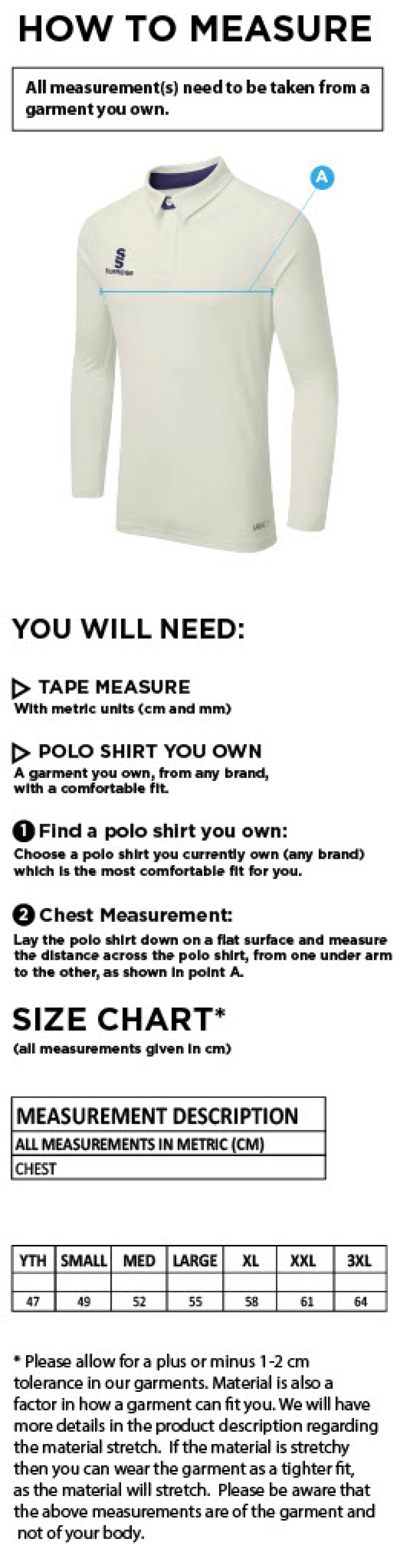 Coniston CC - Tek L/S Playing Shirt - Size Guide