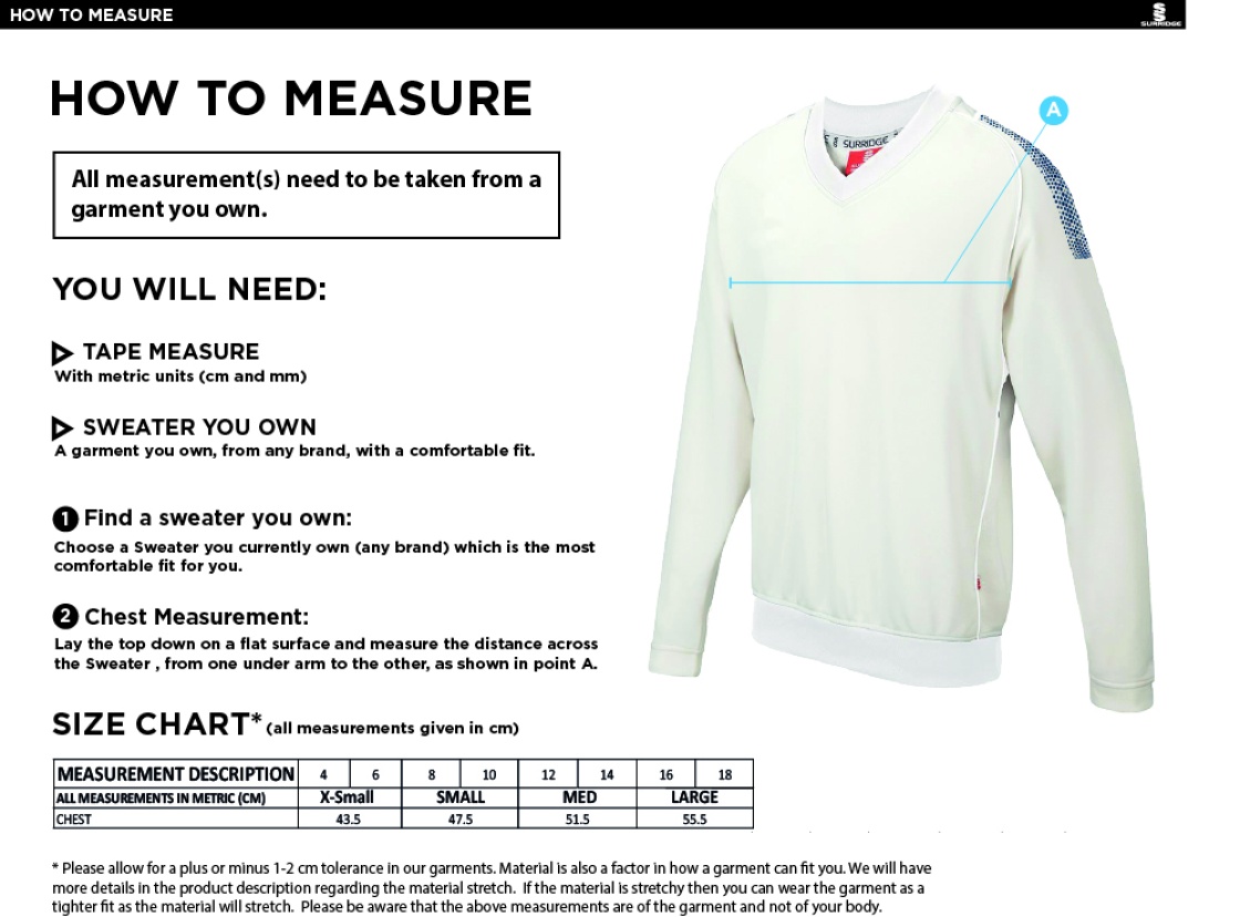 CONISTON CC Blast Long Sleeve Women's Cricket Sweater - Size Guide