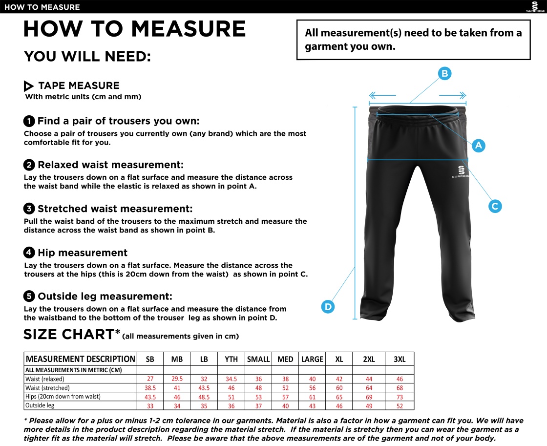 Coniston CC - Ripstop Tracksuit Pants - Size Guide