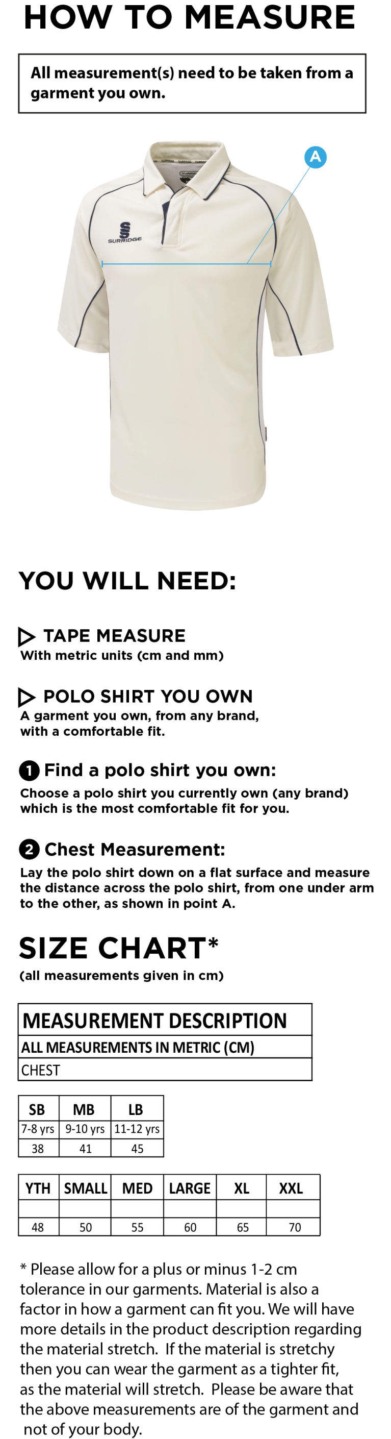 Coniston CC - 3/4 Premier Shirt - Size Guide