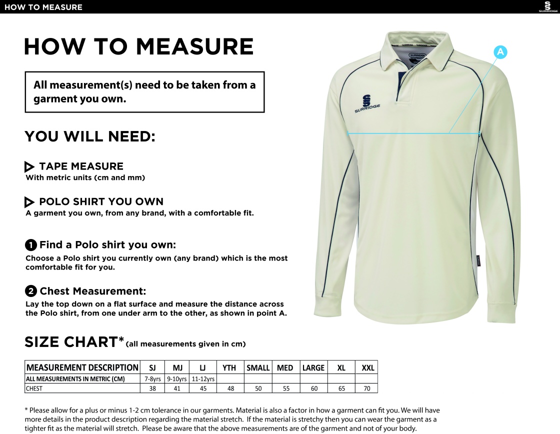 Coniston CC - Premier Long Sleeve Shirt - Size Guide