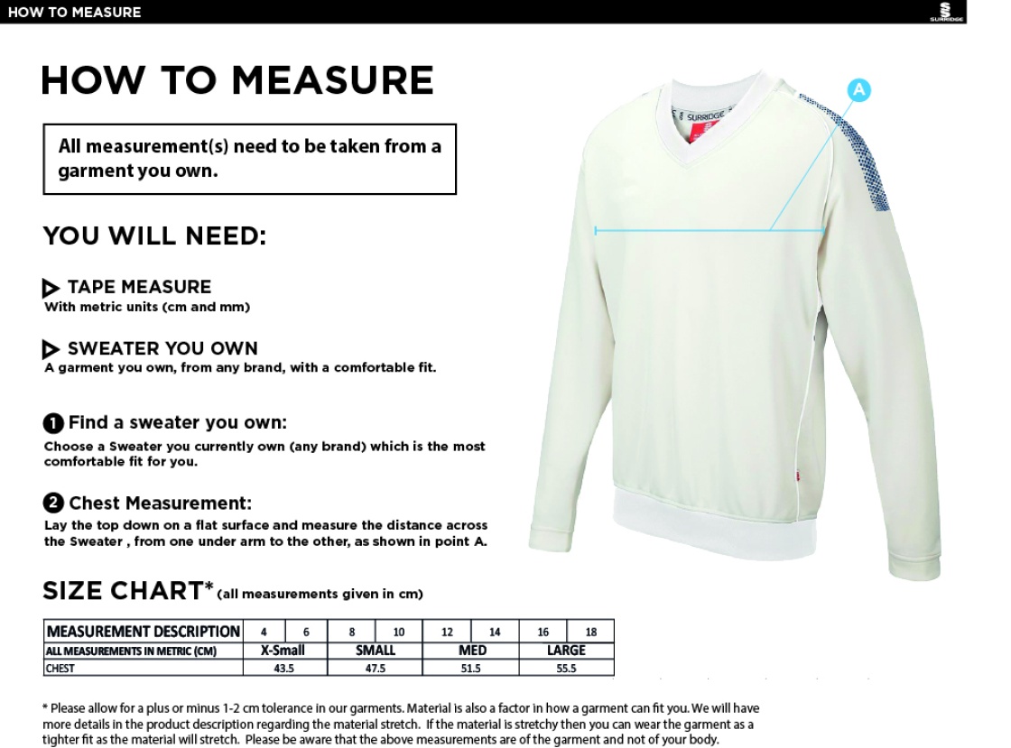 CONISTON CC Blast Long Sleeve Women's Cricket Sweater - Size Guide